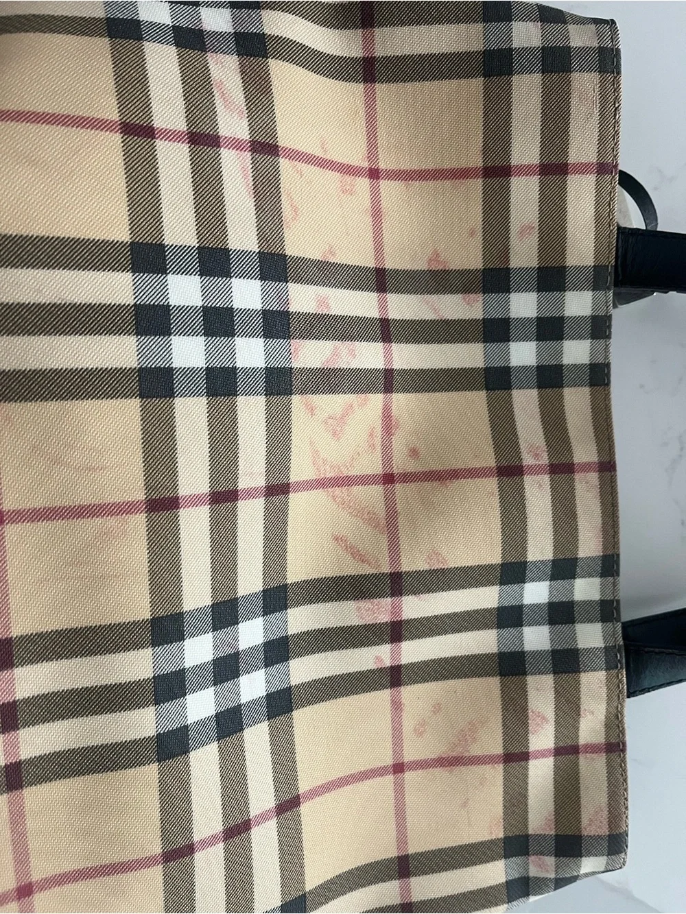 Burberry Beige Check Canvas Tote Bag with Black Handles 10x11.